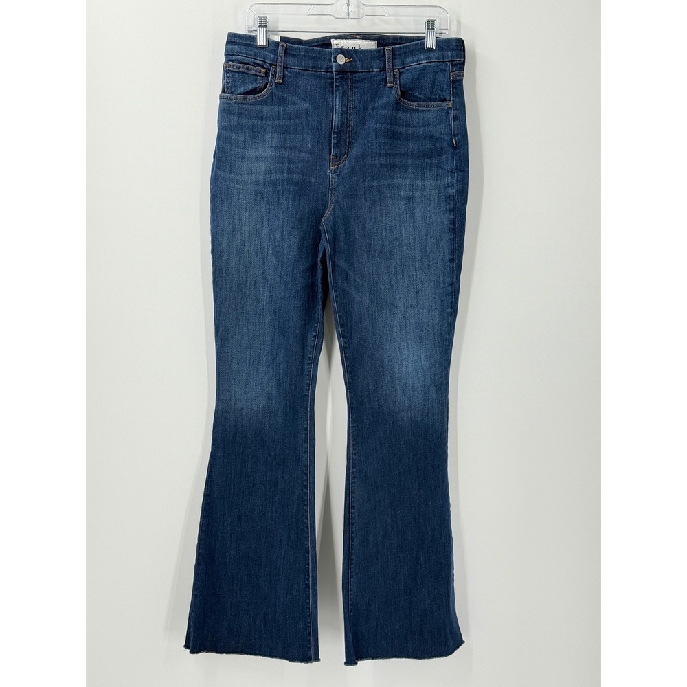 Frank & Eileen Flannigan Jeans Womens sz 32 Blue High Rise Flare Raw Hem Denim